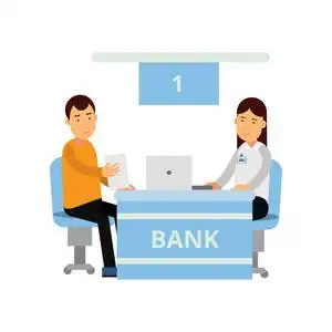 保险卡通人物年轻的银行顾问使用笔记本电脑为新客户提供建议.