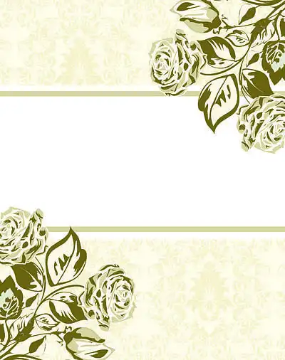 淡黄色绿色背景上的金色玫瑰花朵和叶子,带有框文字标签