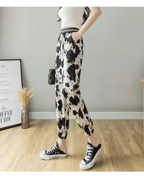 大牌品质雪纺印花灯笼裤子女夏季薄款字母高腰冰丝女裤休闲九分束脚