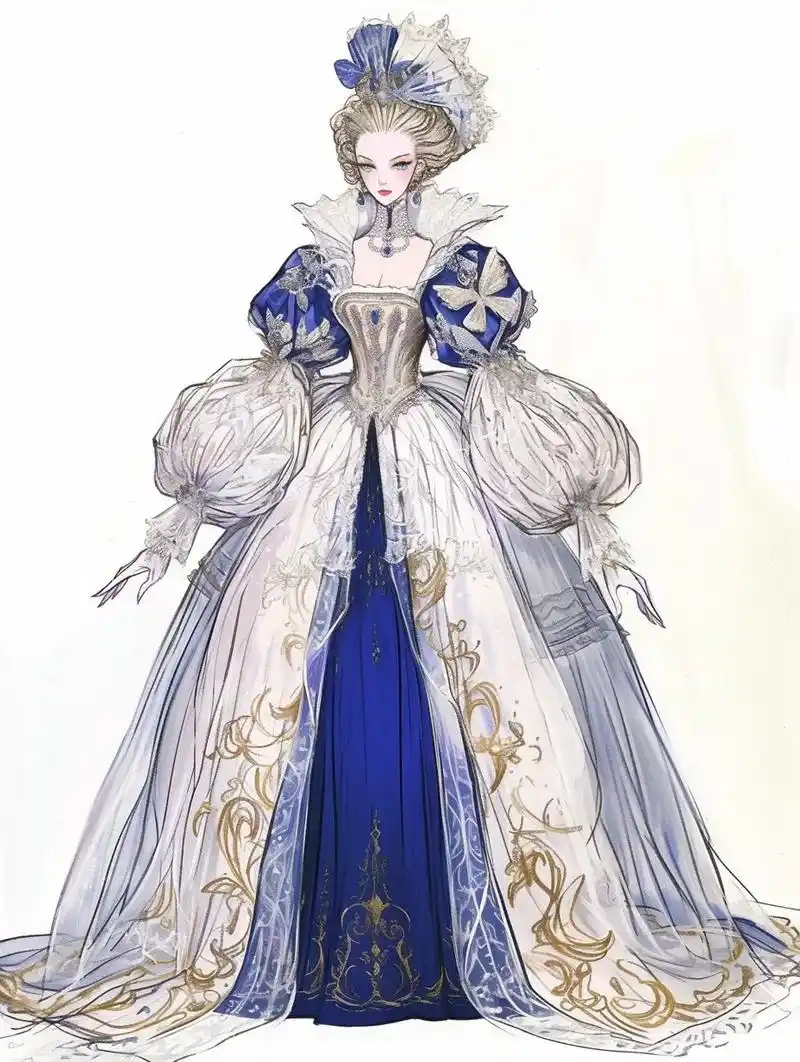 这款法式宫廷风的裙子,将皇家蓝面料与白沙蕾丝巧妙结合,展现出高贵与