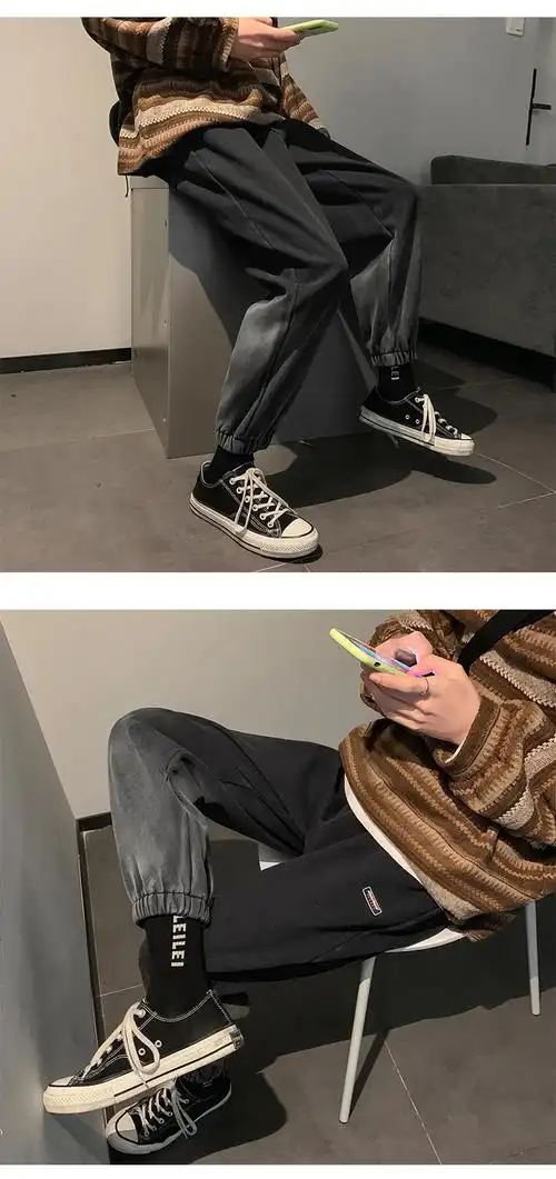 2019网红裤子男抖音宽松渐变色束脚牛仔裤加绒加厚冬季原宿风 灰色 m