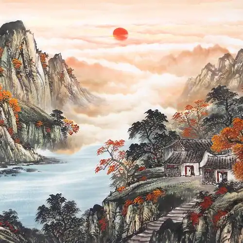 宝山富水手绘作品真迹国画山水画风水办公室招财国画