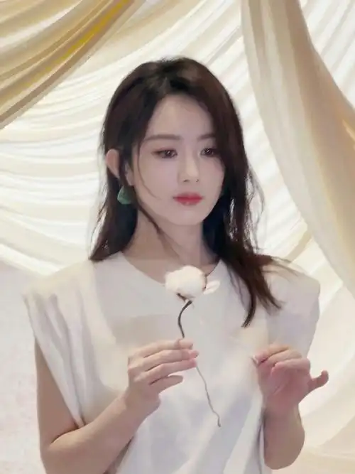 赵丽颖今天全棉时代活动的造型 这套不错 蛮干净大方的 妆容发型也