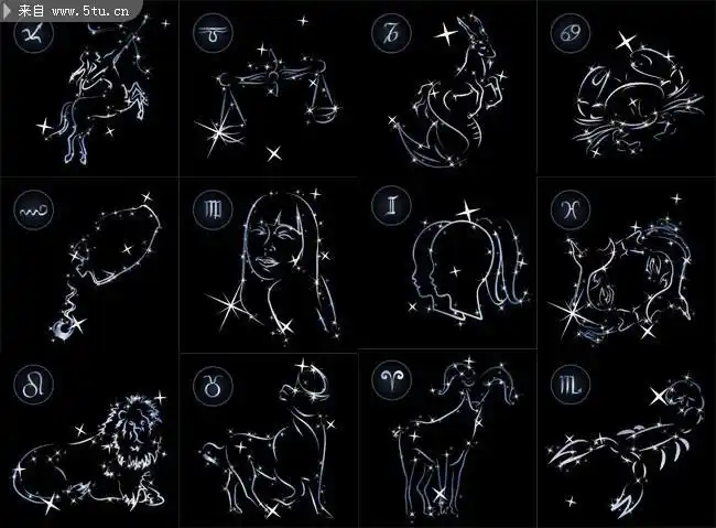 12星座线描矢量图案,主题为十二星座图片,可用作星座简笔画,星座图片