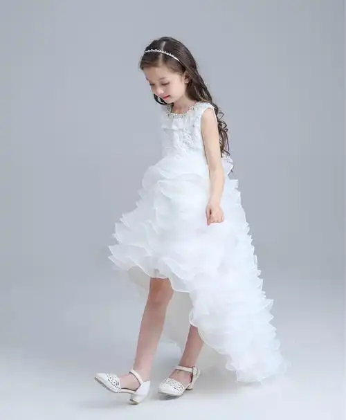 麦琪大红儿童拖尾礼服公主 前短后长女童婚礼花童婚纱连衣裙现货