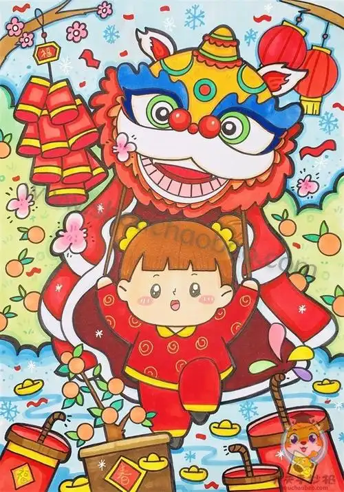 好看的春节儿童画图片一等奖竖版迎新年绘画作品第一名画法