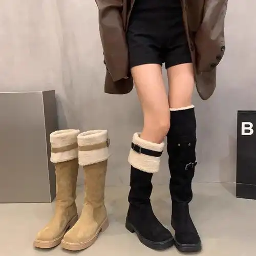 长筒靴女雪地靴2024年新款秋冬粗跟设计感两穿羊羔毛过膝马丁靴子