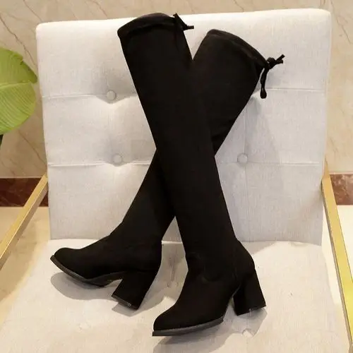 长靴女过膝高跟鞋女冬粗跟2019新款长筒靴高筒靴鞋子女冬弹力靴 高跟