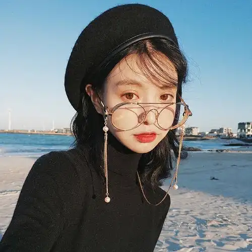 网红同款金丝边眼镜复古文艺大圆金属厚框平光镜带链条珍珠近视女