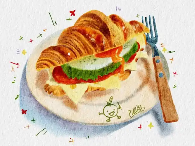 ipad绘画牛角面包三明治仿水彩