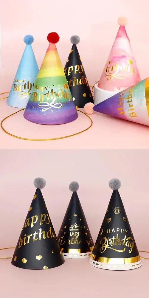 网红生日帽派对装饰粉金黑金波点条纹生日派对拍照道具毛绒生日帽