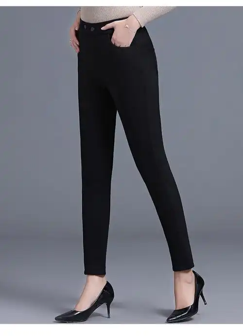 妈妈冬装黑色保暖长裤中年女士加绒裤新款中老年秋冬百搭女裤 黑色 xl