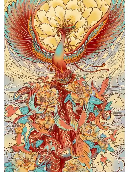 百鸟朝凤原创插画传统文化再创作