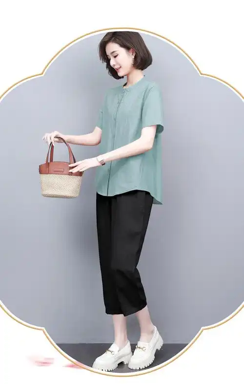 素订棉麻女装官方素素时尚刺绣亚麻套装女2022夏季新款百搭上衣休闲