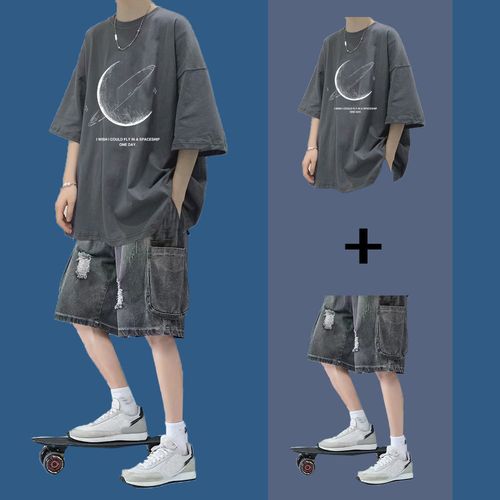 广州十三行男装夏季夏季短袖t恤短裤套装男生潮流痞帅气一套男装搭配