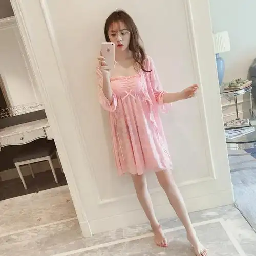 睡衣女夏季2020新款女士长袖性感睡衣可爱抹胸睡裙蕾丝公主吊带胸垫