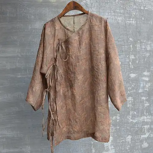 中性苎麻印花做旧复古中国风大襟斜襟绑带衬衫t恤外套上衣休闲