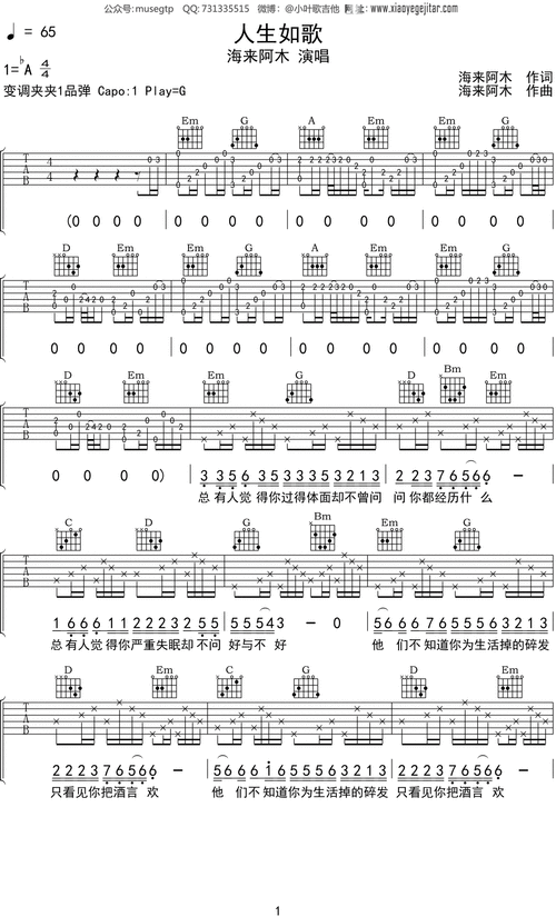 海来阿木人生如歌吉他谱g调吉他弹唱谱