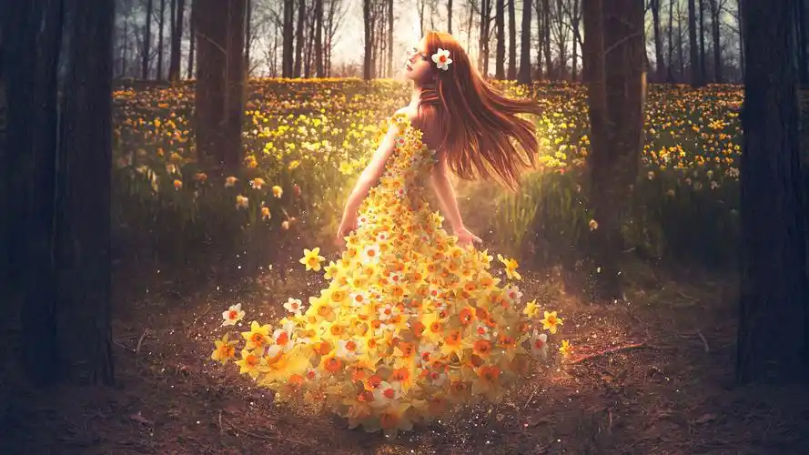 森林,女孩,鲜花,水仙花,花海,好看唯美意境壁纸