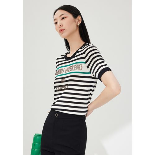 敦奴夏舒适简约烫钻圆领显瘦女式短款短袖针织衫