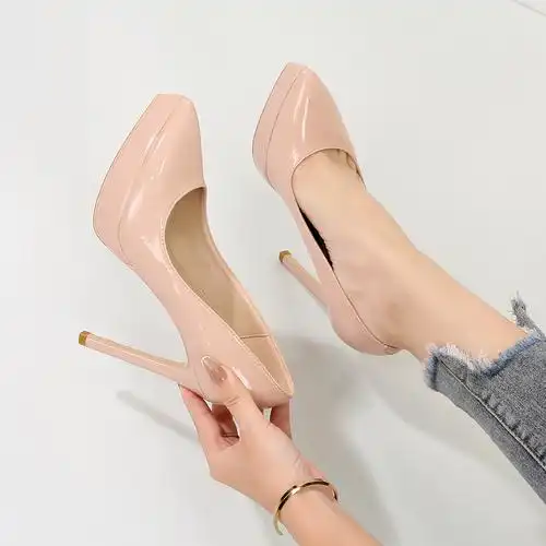 裸色漆皮防水台高跟鞋2022春季尖头细跟单鞋12厘米真皮不累脚女鞋