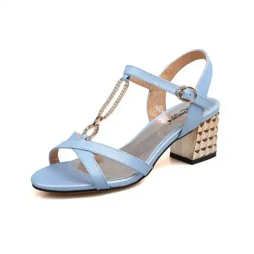 强人时尚女凉鞋透气粗跟女鞋 蓝 39码 sd8107 京东自营