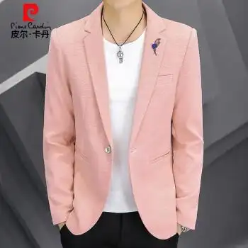 秋季西服外套男纯色单西小便西春秋上衣男装法国轻奢青年男装 粉色 l