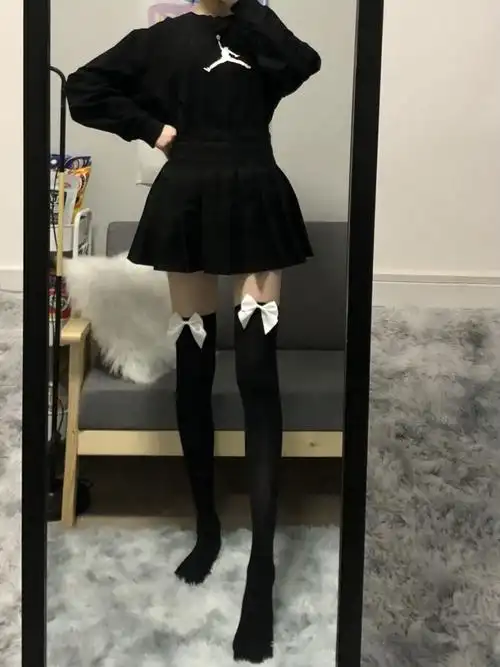 日系蝴蝶结过膝袜袜子jk天鹅绒性感高筒袜子长筒袜黑白中厚学院风