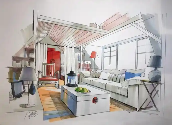 客厅空间上色#艺术  #客厅  #装修  #马克笔手绘  #馬克筆  #手绘