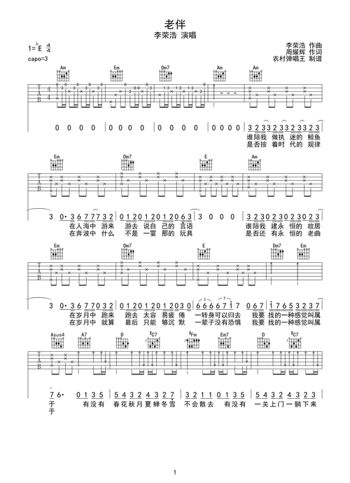 老伴(c调版) 吉他谱