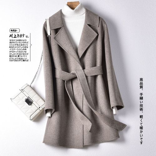 秋冬季新款高端双面绒大衣女短款修身系带气质潮流羊毛呢外套女装