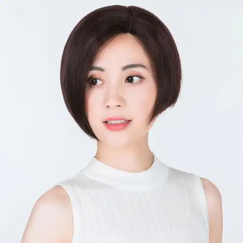 假发女短发真人发丝偏分bobo波波头真发偏分圆脸短直发手织全头套