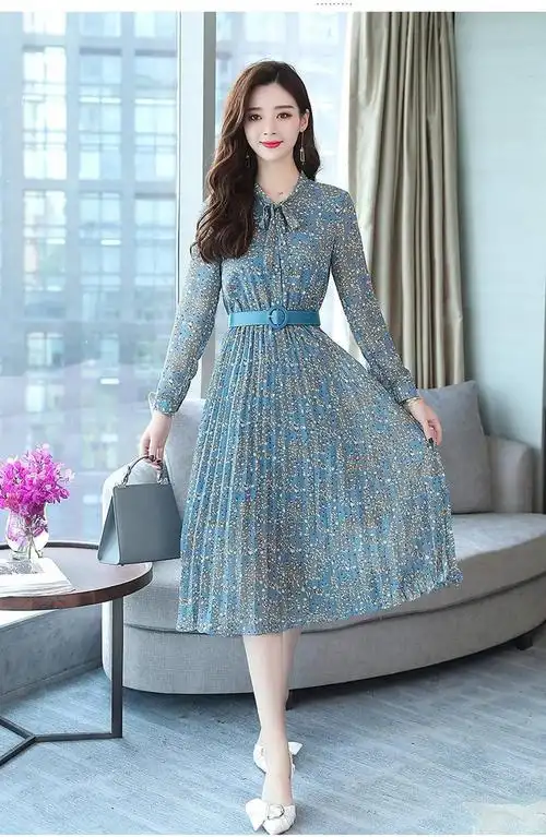 施悦名 2019新款韩版长款气质雪纺裙子修身大摆碎花长裙连衣裙女a