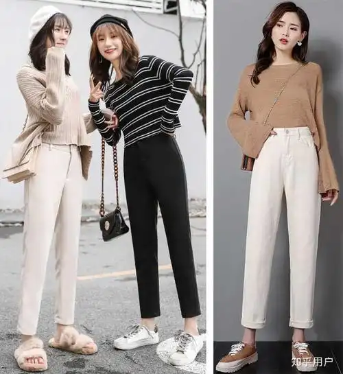 棉质材料的萝卜裤搭配衬衫,衬托的的整个人都是柔柔的; 牛仔布料的