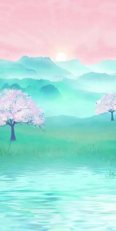 山坡上有一座亭子鲜花随风飘落到湖面中国风山水插画背景海报图片素材