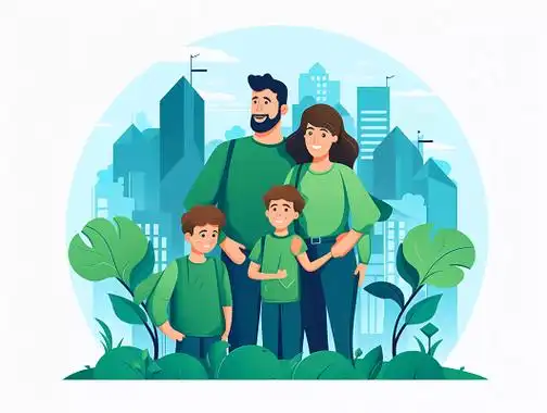 国际家庭日爸爸妈妈和两个孩子组成的和睦幸福的平面卡通风格的插画