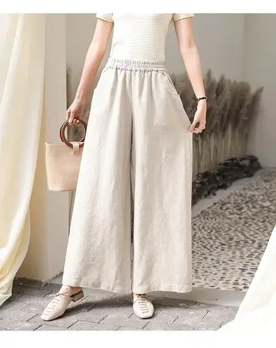 棉麻阔腿裤女高腰垂感直筒裤长裤大码宽松九分裤亚麻休闲女士裤子