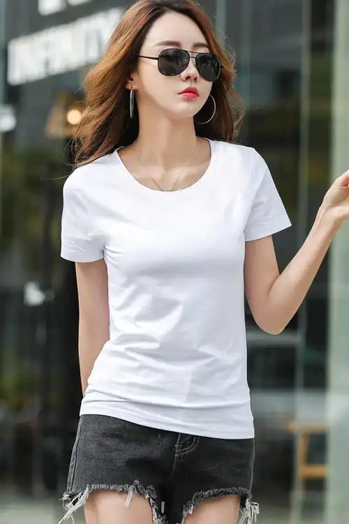 2019新款修身纯色百搭显瘦v领白色t恤女短袖打底衫半袖上衣夏季胖mm大