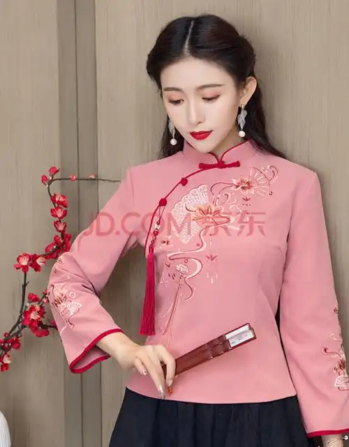 唐装女士上衣中国风短款旗袍上衣中式复古绣花唐装茶艺服女 红色上衣