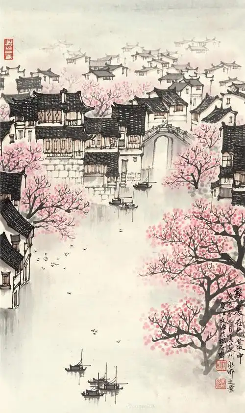 0273 江南水乡 镜框 设色纸本