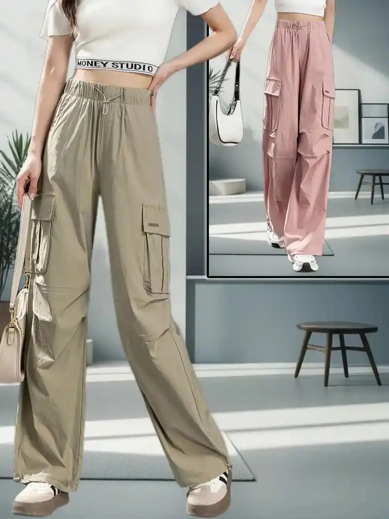 卡其色美式工装裤女休闲窄板冰丝直筒裤