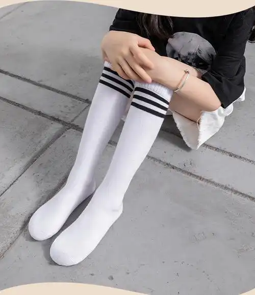 militu学生袜春秋季白袜校服白色棉过膝长筒袜儿童袜子中筒袜高筒黑底