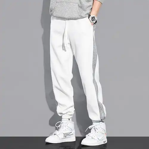 白色卫裤男潮牌侧拉链束脚秋冬加绒针织休闲裤宽松男生纯棉运动裤