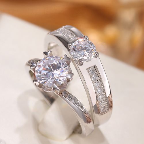 一克拉六爪雪花仿真钻戒情侣结婚对戒活口戒指婚礼仪式用的假戒指