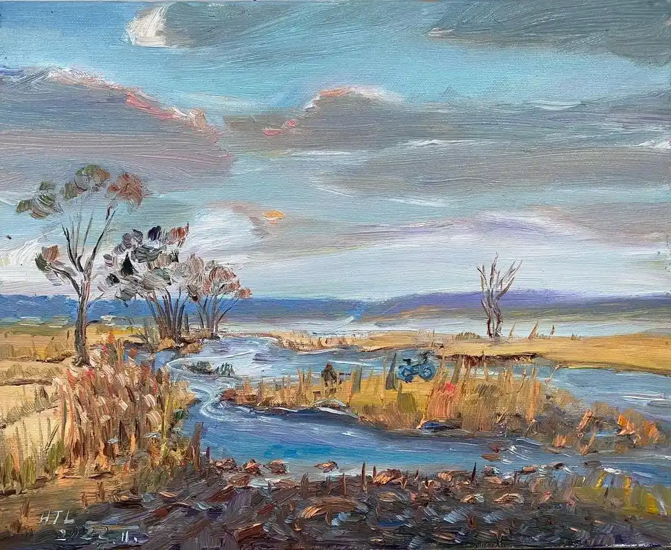 清晨.空旷的,世外桃源的小河边油画写生. - 抖音