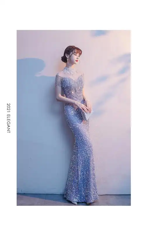 皮尔卡丹轻奢高档女装鱼尾晚礼服裙女夏高端宴会主持人长款亮片气质