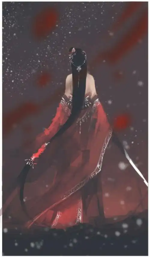 求一张图,动漫,女,穿长款黑色抹胸纱裙,手拿一把剑,背向