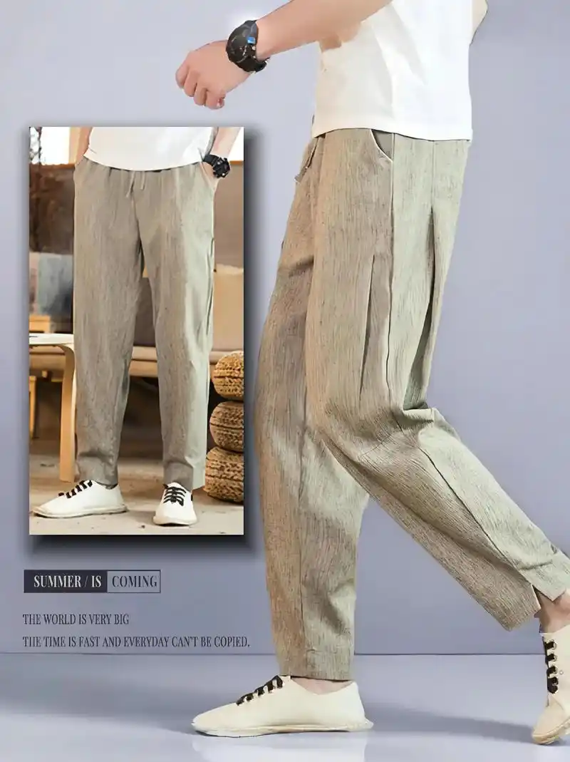 亚麻裤男裤子夏季薄款直筒休闲裤男士萝卜裤