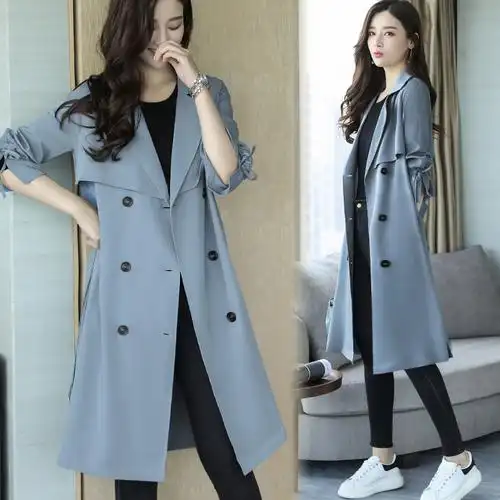 秋季风衣女中长款韩版女士新品ol白领女式双排扣直筒显瘦纯色外套