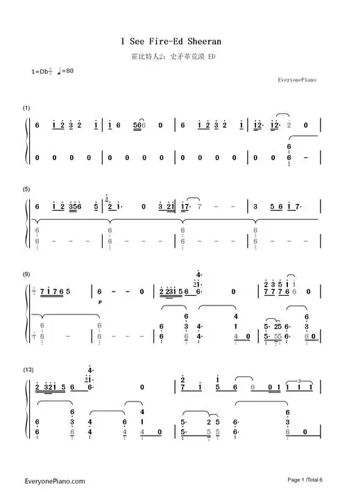 i see fire-霍比特人2:史矛革荒漠 ed双手简谱预览1